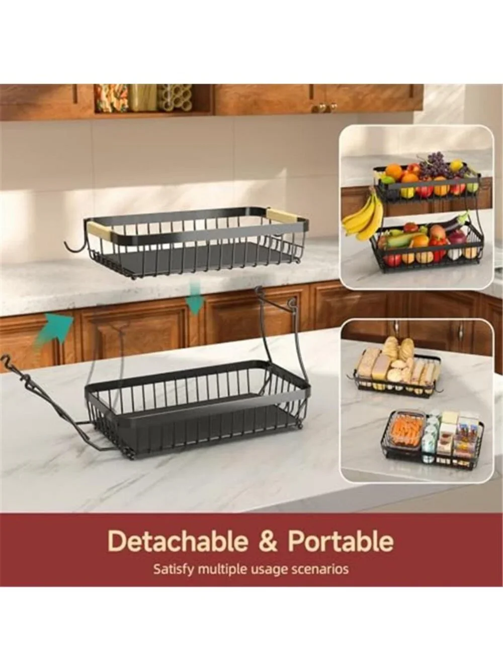 2-Tier Fruit Basket with Banana Hangers, Detachable Metal Bowl